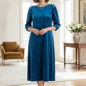 Jodi Michaels Vintage Dress M Back Buttons Puff Sleeves Velvet Turquoise Green